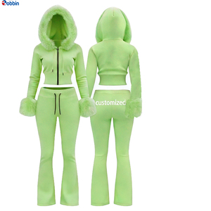Conjunto de 2 Piezas Personalizado para Mujer, Sudadera con Capucha y Pantalones Deportivos, Cuello de Piel, Algodón 360g, Chándal de Invierno, Logotipo Personalizado con Pedrería - Product Image 1