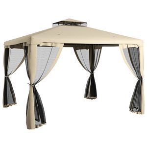 Gazebo in Alluminio 2.9x3.5m Design Elegante con Tetto a 2 Livelli, Rete e Fori di Drenaggio, Zanzariera Color Tortora per Feste in Patio - Product Image 1