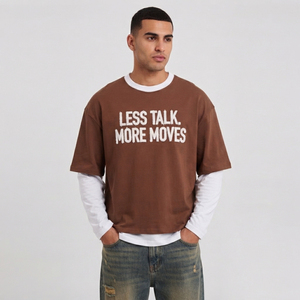 เสื้อยืดคอกลมแขนยาวทรงบ็อกซี่สำหรับผู้ชาย เสื้อยืดแขนยาวผ้าฝ้าย 100% เสื้อยืดกีฬา ปักลายแบบดิสเทรส เสื้อยืดแขนยาวสองชั้น - Product Image 1