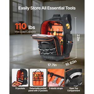 Zaino Porta Attrezzi Resistente con Capacità di Carico di 50 Kg, 72 Tasche, Chiusura a Cerniera e Manico Telescopico Regolabile - Product Image 2