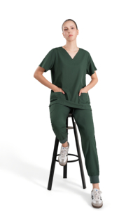 Women's Green Scrub Set V-Neck <b>Top</b> With Pockets And Jogger Pants Hospital Uniforms Woven Fabric Cotton Polyester - Product Image 3