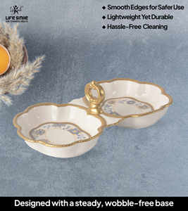 Luxury Bone China Double-Section Serving Dish with Elegant <b>Gold</b> Stand , Nuts platter with Golden <b>Rim</b> & Premium Floral Design - Product Image 5