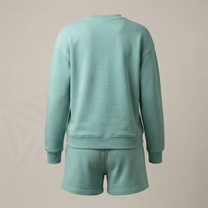 Conjunto de 2 Piezas para Mujer, Sudadera de Felpa y Pantalones Cortos, Cuello Redondo, Corte Holgado, Color Sólido, Por Encima de la Rodilla, Ropa Casual de Primavera/Verano - Product Image 2