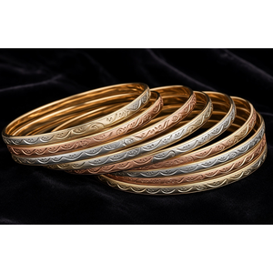 ORO-Z Traditional Unique Three Tone Gold Plated <b>Bangle</b> Elegant <b>Engraved</b> Geometric Pattern Women's Anniversary Premium Fashion - Product Image 5