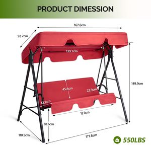 Balançoire à baldaquin en tissu Oxford rouge 68*43*60 pouces, style KD, avec coussin, en fer, capacité 250 kg - Product Image 2