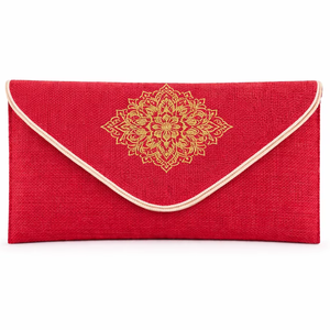 Pochette enveloppe en jute rouge avec broderie mandala dorée, sac à main de soirée écologique de créateur - Product Image 1