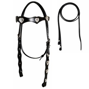 Têtière en cuir noir pour cheval avec conchos en forme de cœur argentés, pièce de bridon équestre réglable - Product Image 2