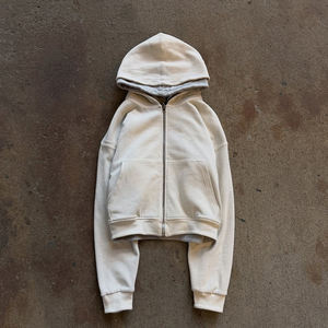 Unisex Minimal Full Zip <b>Hoodies</b> Double Layer Hood Clean Panel Construction Soft Heavyweight Fabric Relaxed Fit Cropped <b>Hoodies</b> - Product Image 1
