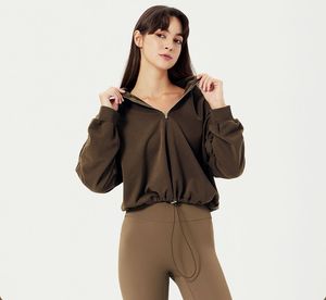Ensemble sweat-shirt court beige demi-zippé et leggings assortis pour femme – Polaire épaisse de qualité supérieure, pull à manches longues, style athlétique - Product Image 2