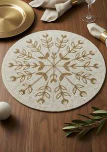 <b>SET</b> OF 2 Elegant Gold & <b>Cream</b> <b>Hand</b>-Beaded Floral Round Placemat - 14" Table Decor - Product Image 3
