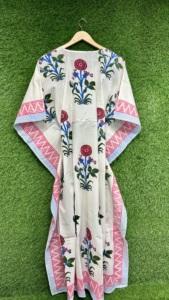 Robe Kaftan en Coton Fleuri pour Femmes, Kaftan Imprimé, Col en V, Taille Ajustable par Cordon, Manches Courtes, Style Bohème, Vêtement de Plage et de Vacances - Product Image 4