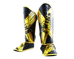Espinilleras Twins Fancy Doradas/Negras, Protector de Piernas Profesional Hecho a Medida, Espinilleras Twins de Cuero de Alta Calidad para Muay Thai - Product Image 1