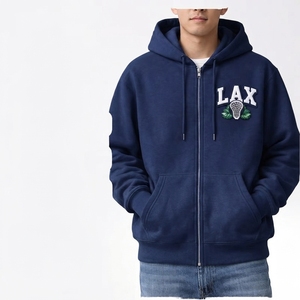 Sweat-shirt en molleton à capuche zippé bleu marine pour homme, logo LAX brodé, poche avant, vêtement décontracté d'automne, coupe classique - Product Image 1