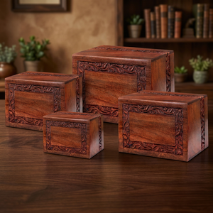 Set of 4 Border Engraved Wooden Urns RoseWood Cremation Urn Storage All Size OEM Custom Size - Product Image 3