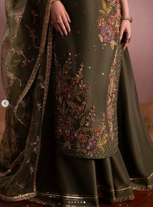 Women's Olive <b>Green</b> <b>Silk</b> Salwar Kameez Traditional Indian Pakistani Wedding Wear Floor-Length Embroidered Design Regular Fit - Product Image 4