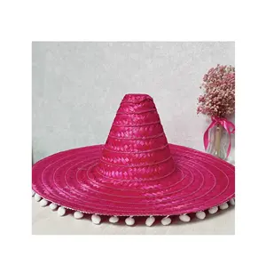 Üretim el yapımı meksika Sombrero palmiye yaprağı şapka ile Pom Poms-vahşi batı hasır şapka pary rahat günlük şapka dekor
