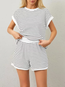 Women's Fashion Loungewear Two-Piece Set Floral Color Block Short-Sleeved T-Shirt Matching Elastic Waist Pocket 100% Cotton - Product Image 4