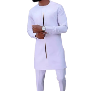 Ensemble Kaftan Long Homme Couleur Unie avec Pantalon, Col Rond, Manches Longues, Style Thobe, Tunique Tricotée, Respirant, Automne, OEM ODM - Product Image 2
