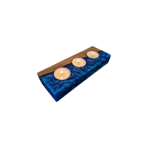 Porte-bougie carré en bois fait main, écologique, avec incrustation de résine bleue, pour trois bougies chauffe-plat, décoration aromatique, anniversaire, Noël - Product Image 1