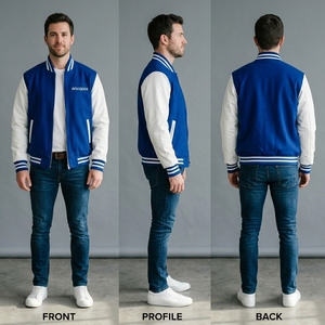 Blouson Bomber Homme Bleu Royal avec Manches en Cuir Blanc, Col et Poignets en Maille Côtelée Mélange de Laine Personnalisé, Veste Décontractée Streetwear, Vente en Gros - Product Image 6