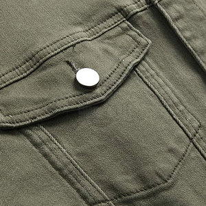 Veste en jean vert olive pour homme, col rabattu décontracté, délavée, simple boutonnage, coupe classique, style automne - Product Image 4