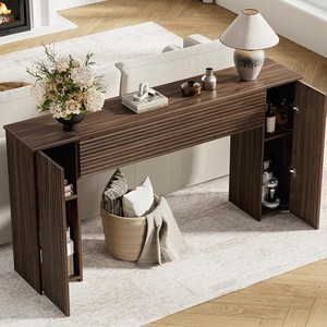 Mesa Consola Moderna Hecha a Mano de Madera de Teca Sólida con Almacenamiento para Comedor, Apartamento, Sala de Estar, Mueble de Entrada - Product Image 2
