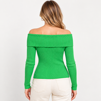 Pull côtelé pour femme en mélange de viscose, à épaules dénudées, uni, à manches longues, coupe ajustée, en maille, avec bordure à volants, haut tendance