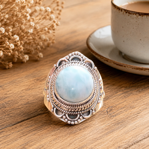 <b>Top</b> Quality Larimar Ring 925 Sterling Silver Handmade Boho Statement Ring Vintage Round Gemstone Jewelry Women Unisex Her Gift - Product Image 6