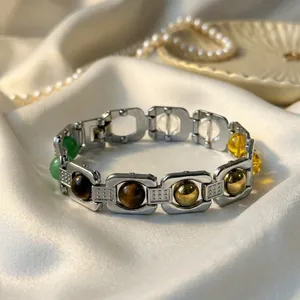 Bracelet Dhan Yog en pierres précieuses naturelles pour hommes et femmes, 5 pierres : Citrine, Œil de tigre, Aventurine verte, Pyrite, Quartz clair, ton argenté - Product Image 5