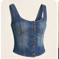 Vestido Corset de Mezclilla con Parches, Cierre Frontal, Sin Mangas, Estilo Casual para Boutique de Ropa Urbana