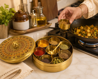 Boîte à masala artisanale en laiton avec 7 bols, rangement traditionnel indien pour épices, Dabba, organisateur de condiments de cuisine, laiton décoratif