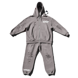 Survêtement unisexe gris à capuche, fermeture éclair intégrale, couleur unie, design vieilli, tenue décontractée pour adultes, saison automne, 100 % coton - Product Image 3