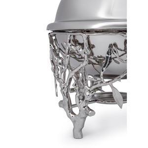 Charmant réchaud à buffet en argent, orné d'un motif d'oiseau et de branche inspiré de la nature sur la poignée du couvercle et le support, utilisé pour les mariages. - Product Image 4