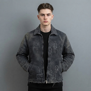 Veste en jean pour homme, sur mesure OEM, 100% coton, tissu denim 14 oz, lavage vintage avec impression laser, logo brodé personnalisé. - Product Image 1