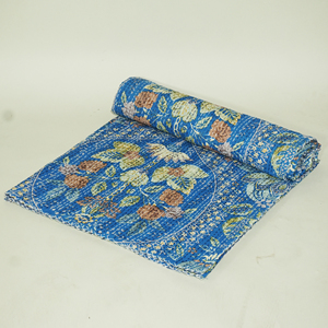 Blue Floral Kantha <b>Quilt</b> Hand Embroidered Cotton <b>Bedspread</b> Reversible Printed Cover for Home Hotel - Product Image 4