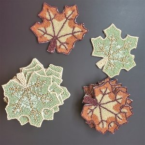 Handmade Beaded Maple Leaf Coasters Set Reusable Fabric <b>Bar</b> <b>Mats</b> Classic Autumn Design Orange Yellow Brown Pattern - Product Image 4