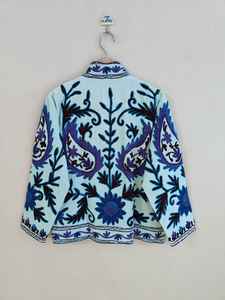 <b>Women's</b> Luxe Bohemian Floral Suzani Embroidered Eco-Friendly Reversible Breathable Short Bomber <b>Jacket</b> - Product Image 6
