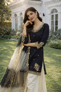 Conjunto de Salwar Kameez Negro para Bordado Intenso, Traje Tradicional Indio para Mujer, para Bodas, Graduaciones, Fiestas, Diwali - Product Image 2