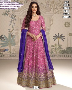 ชุดเดรสยาวแบบ Anarkali สีเขียวขุ่นลาย Bandhani สำหรับงานแต่งงานแบบดั้งเดิม พร้อมผ้าคลุมไหล่ Gerogette แห้งเร็ว ใส่ได้ทุกฤดู - Product Image 2