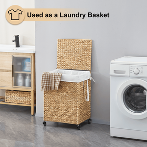 Panier à linge à 2 sections de 100 L avec couvercle et roulettes, en jacinthe d'eau naturelle tressée - Product Image 6