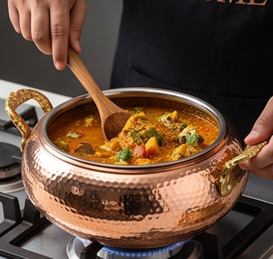 ACME METAL INDIA Round Hammered <b>Copper</b> Casserole With Lid Traditional Design Durable For Gas And Induction Use - Product Image 3