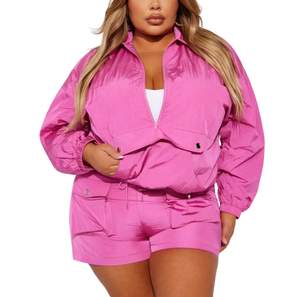 Ensemble deux pièces rose pour femme, short et haut à manches longues à capuche, coupe ample, décontracté, printemps-été, respirant, en polyester - Product Image 4