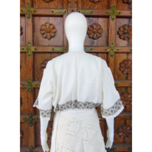 Haut court décontracté pour femme en coton tissé, style bohème ethnique, col rond, avec ourlet brodé et motif imprimé à cordon de serrage, Fourniture ODM - Product Image 2