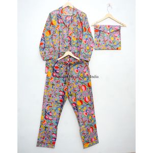 Conjunto de Pijama de Algodón con Estampado Floral, Cómodo y Transpirable, de Dos Piezas, con Cintura Elástica, para Vacaciones y Uso Diario - Product Image 3