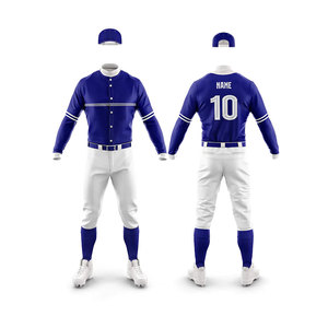 Custom Baseball Uniform Men's Full Sleeve Jersey With Number 10 And Name Embroidery Blue <b>Cap</b> Moisture Wicking Polyester - Product Image 1