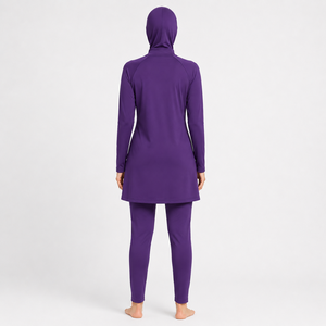 Traje de Baño Burkini Modesto para Mujer, Manga Larga, Cuello Alto, Color Morado Sólido, Secado Rápido, Spandex, Poliéster, Cobertura Completa - Product Image 3