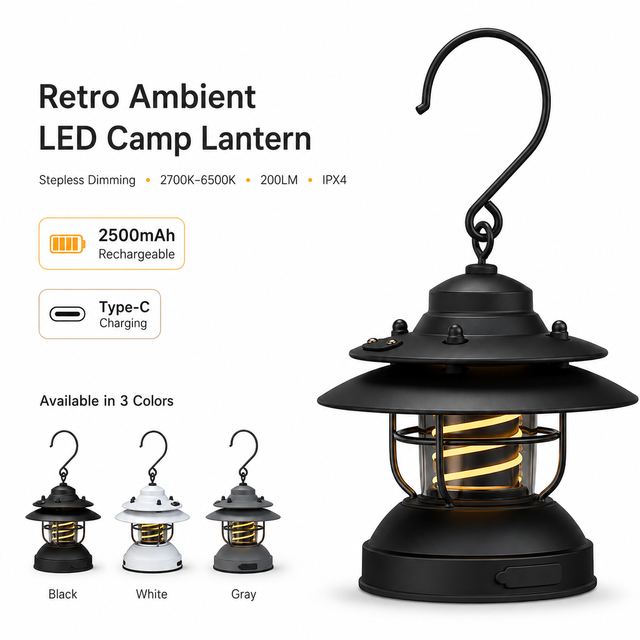 Waterproof Vintage LED Camping Lantern USB Rechargeable Portable Tent Light with Stepless Dimming