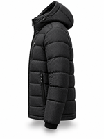 Veste matelassée à capuche noire pour homme, imperméable, coupe-vent, décontractée, fermeture éclair sur le devant, logo, 100% polyester, hiver, longueur standard