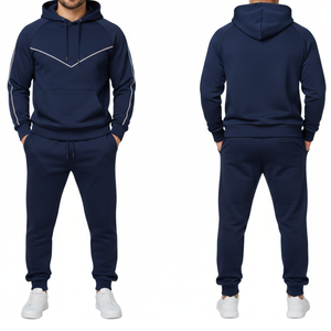 Chándal personalizado para hombre, azul marino, con franja reflectante en forma de chevron, sudadera con capucha y pantalón, conjunto deportivo de dos piezas, fabricante OEM. - Product Image 3