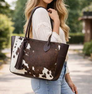 Cowhide <b>Tote</b> <b>Bag</b> <b>With</b> Tassel Genuine Leather Bohemian Style Women's Shoulder <b>Bag</b> All Seasons Daily Use - Product Image 1